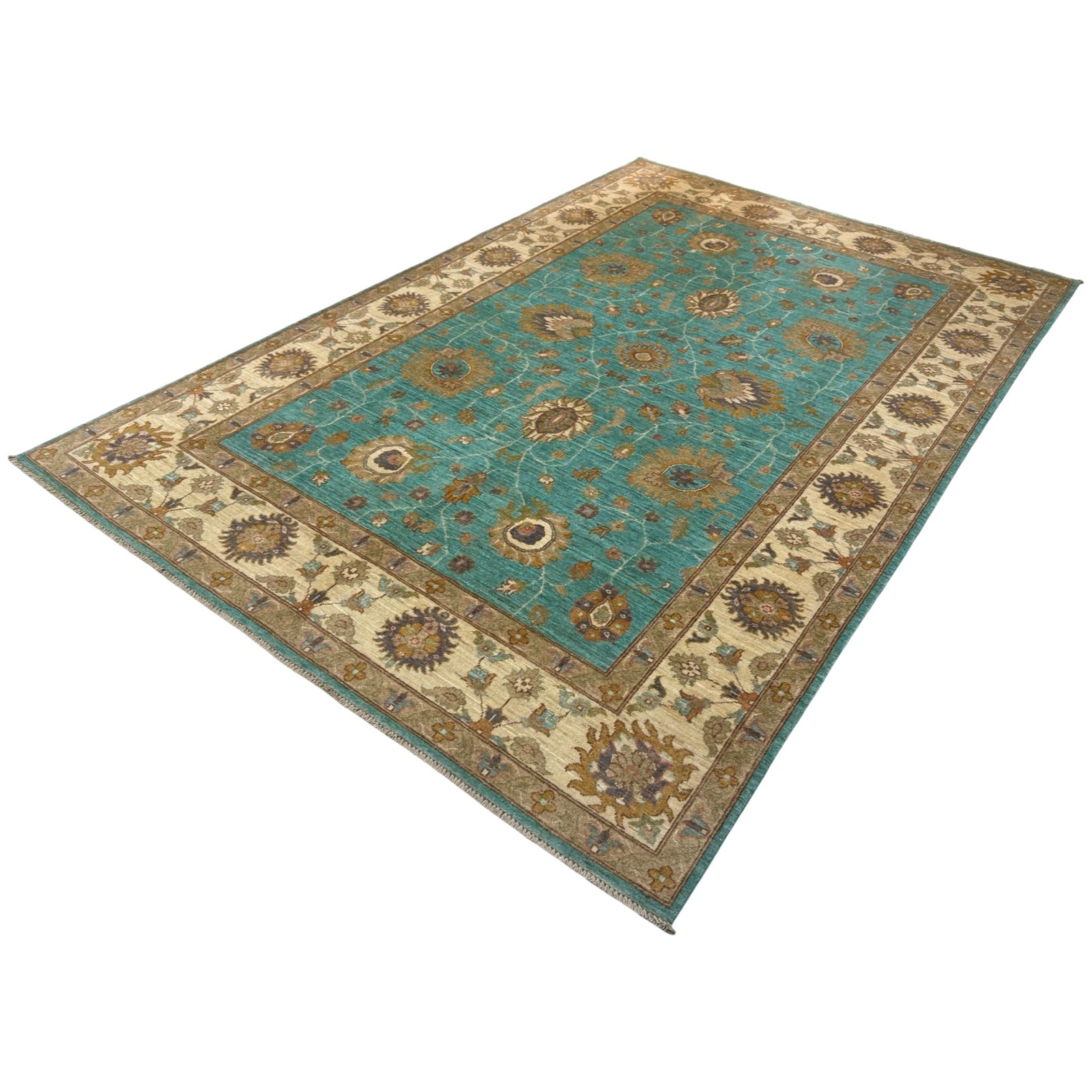 293 x 200 cm Afghan Chobi Teal Blue Hand-Knotted Wool Rug