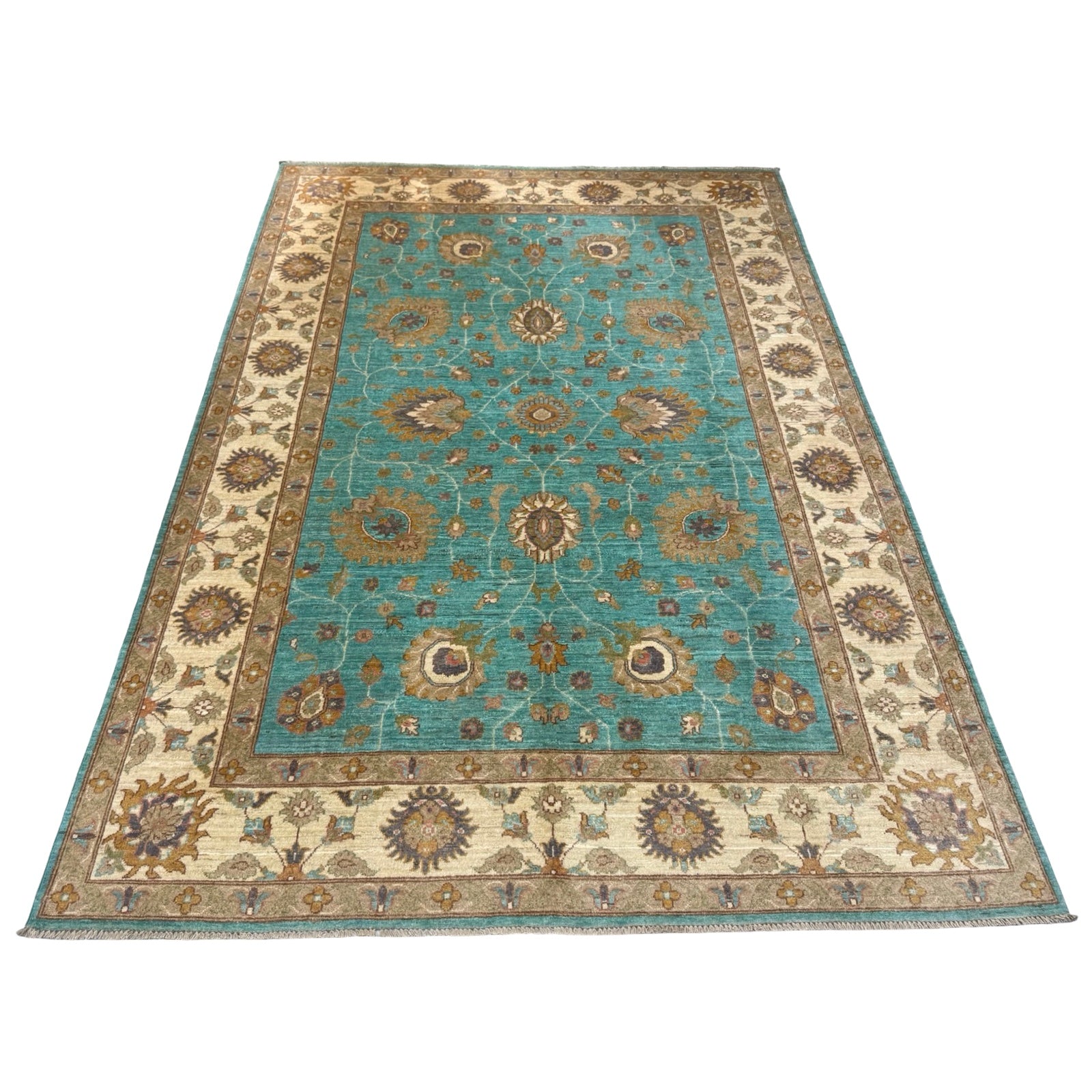 293 x 200 cm Afghan Chobi Teal Blue Hand-Knotted Wool Rug