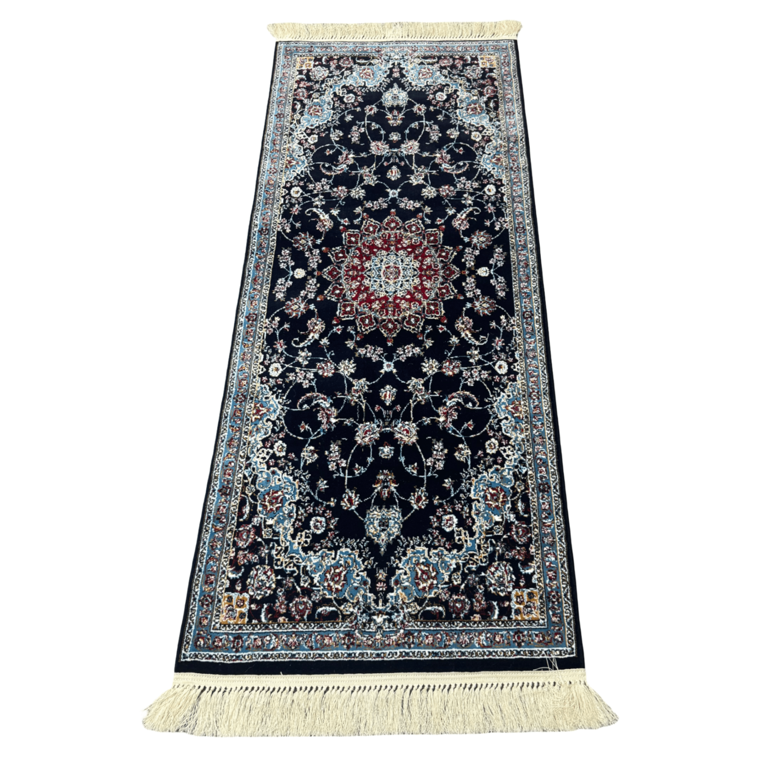 Navy Persian Mashad runner rug detail