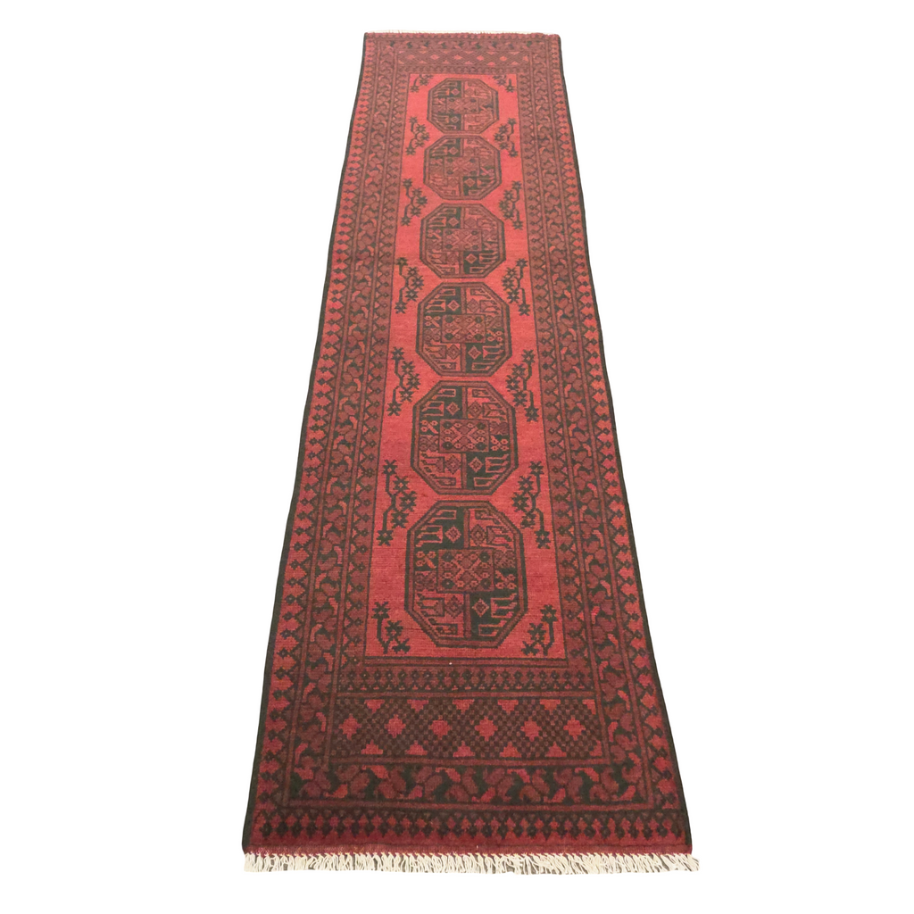 294 x 77 cm Hand-Knotted Red Afghan Akche Runner Rug