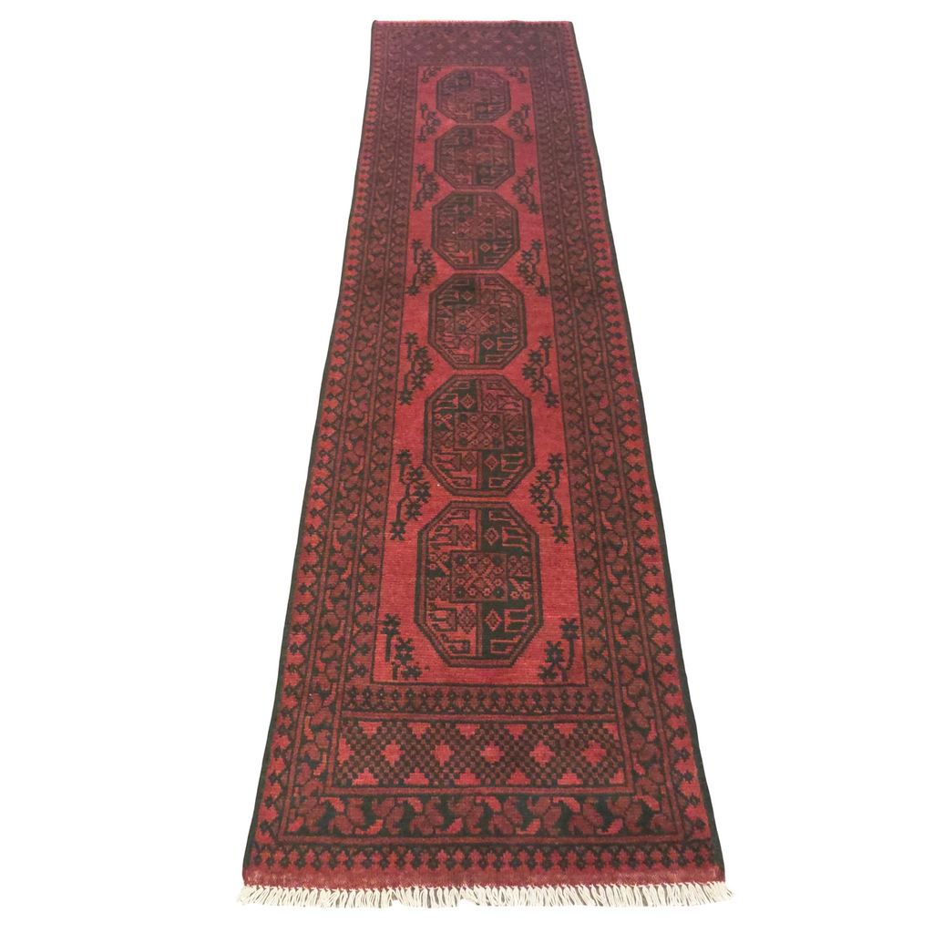 294 x 77 cm Hand-Knotted Red Afghan Akche Runner Rug