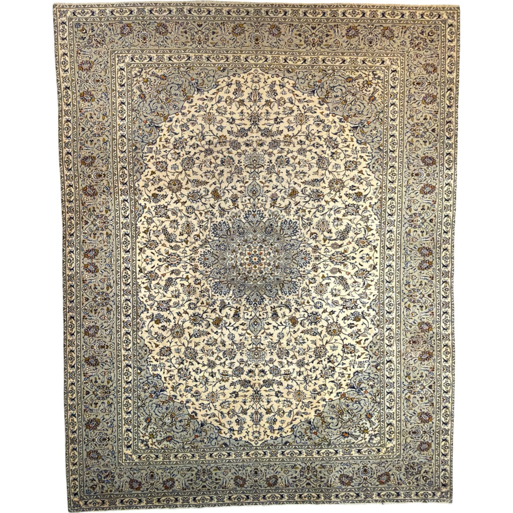 400 x 285 cm Hand Knotted Persian Kashan – Grey Ivory Wool Rug