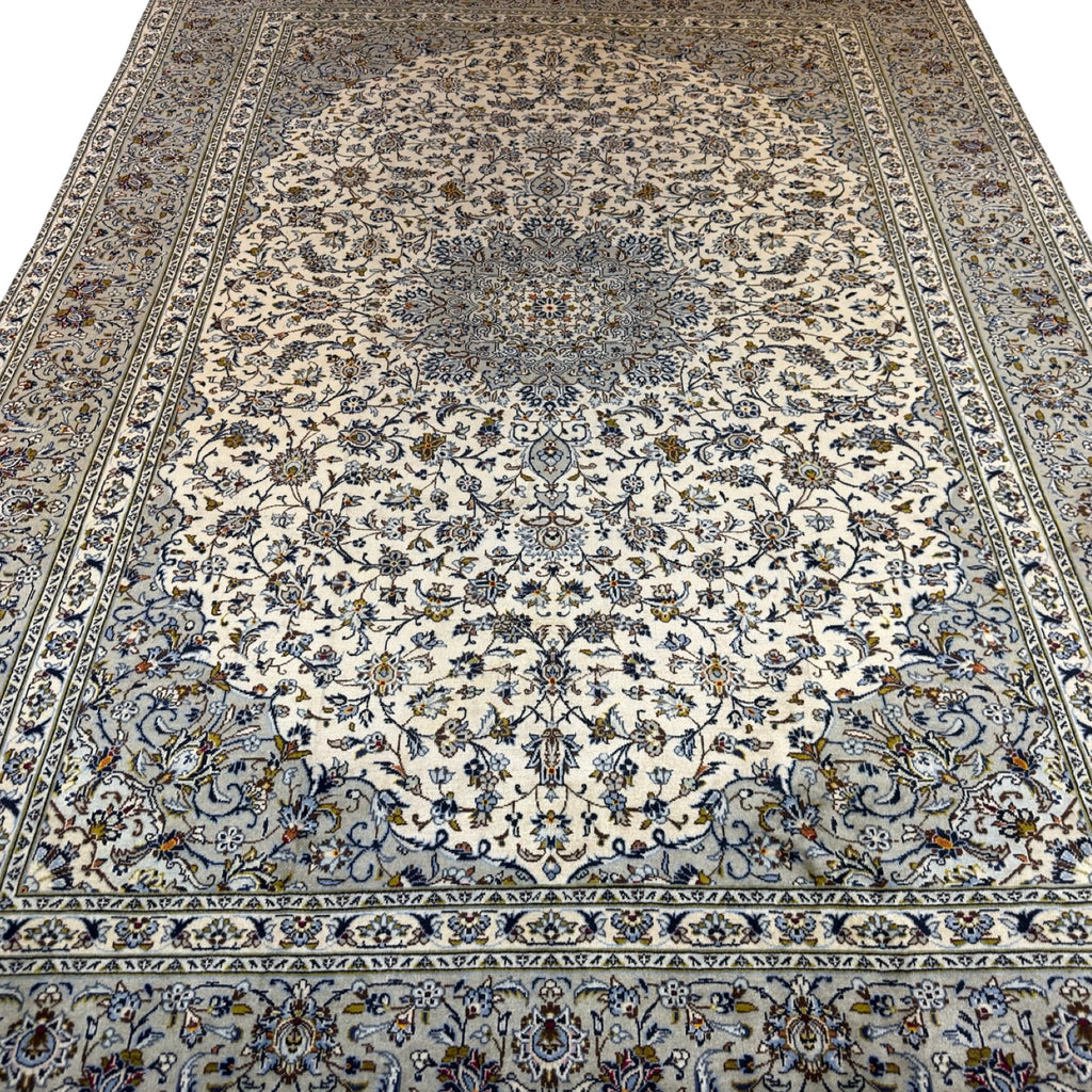 400 x 285 cm Hand Knotted Persian Kashan – Grey Ivory Wool Rug