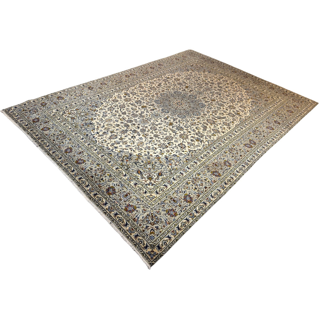 400 x 285 cm Hand Knotted Persian Kashan – Grey Ivory Wool Rug