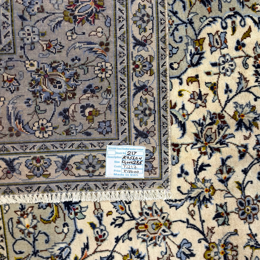 400 x 285 cm Hand Knotted Persian Kashan – Grey Ivory Wool Rug