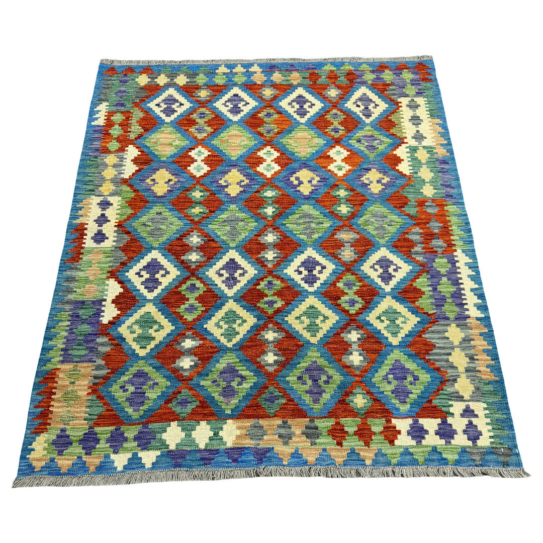 194 x 160 cm Hand-Woven Afghan Kilim Rug – Wool Flatweave