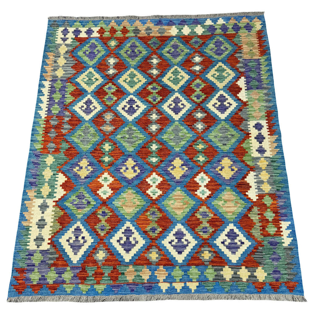 194 x 160 cm Hand-Woven Afghan Kilim Rug – Wool Flatweave