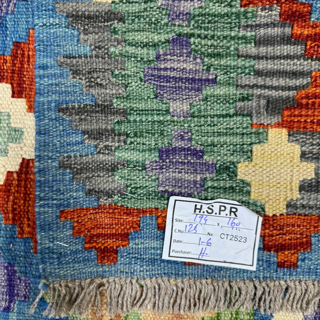 194 x 160 cm Hand-Woven Afghan Kilim Rug – Wool Flatweave