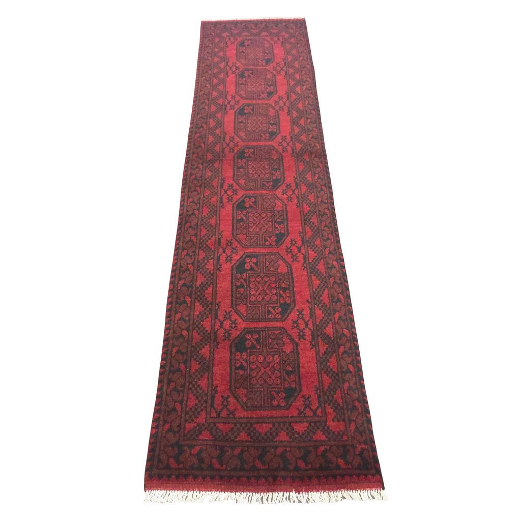 292 x 75 cm Hand-Knotted Red Afghan Akche Runner Rug