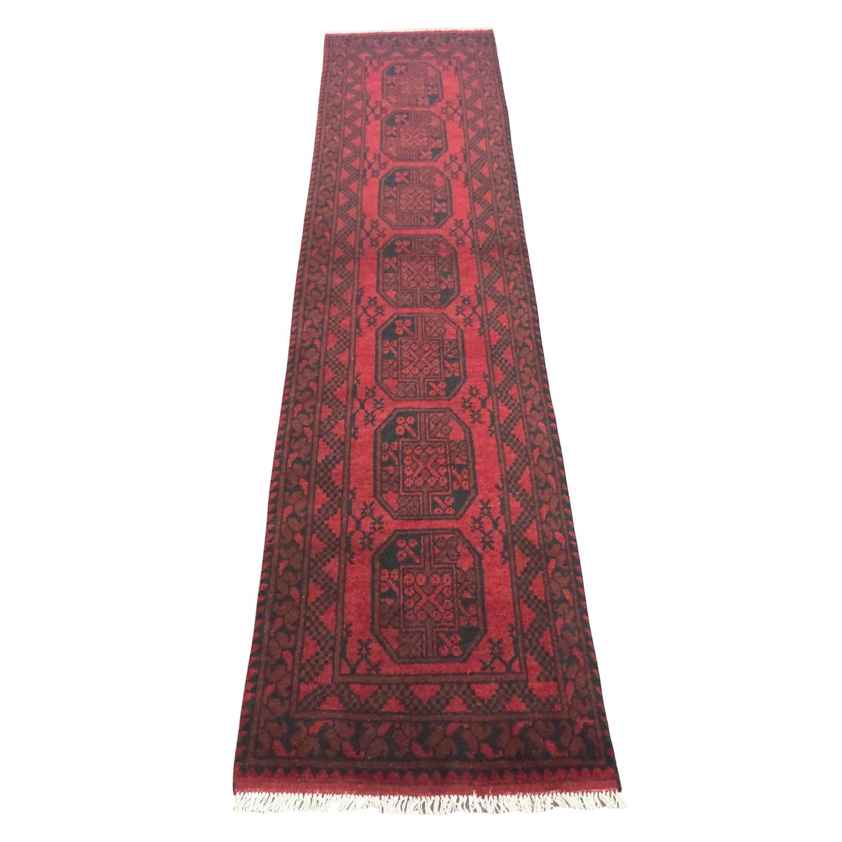 292 x 75 cm Hand-Knotted Red Afghan Akche Runner Rug