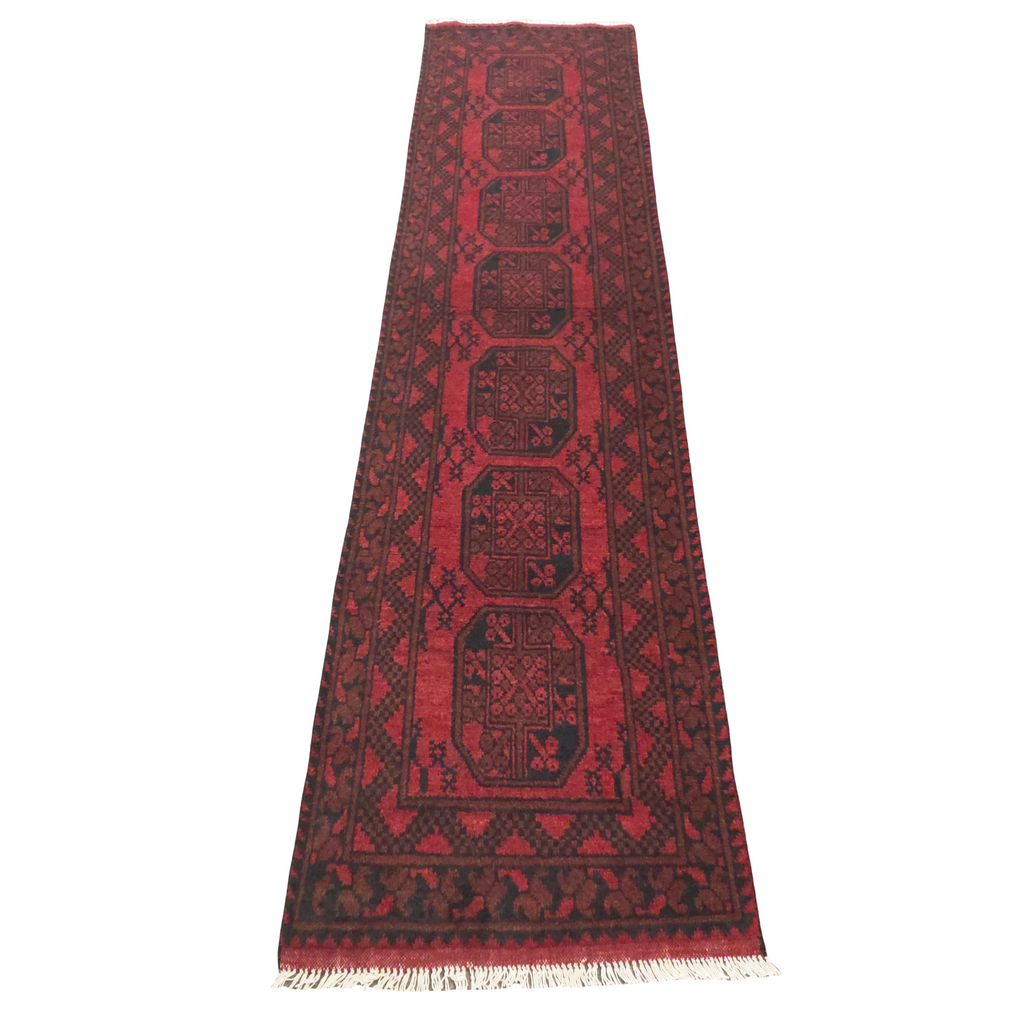 292 x 75 cm Hand-Knotted Red Afghan Akche Runner Rug