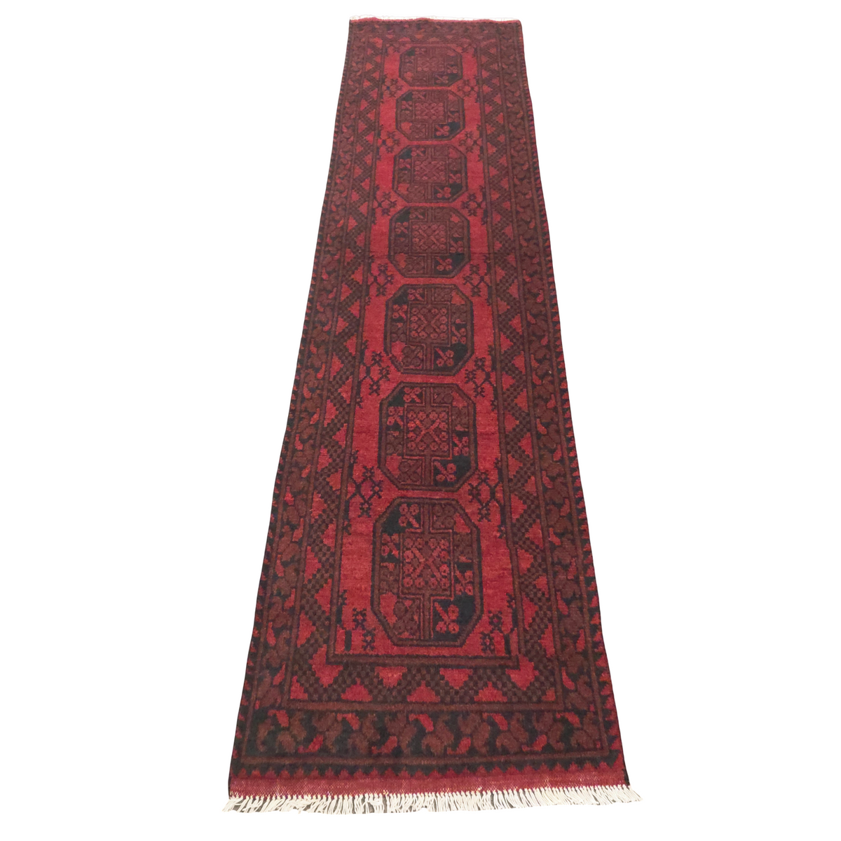 292 x 75 cm Hand-Knotted Red Afghan Akche Runner Rug