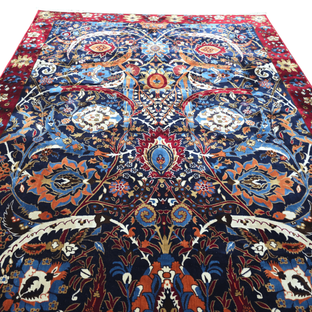 Red and navy sickle leaf rug detail