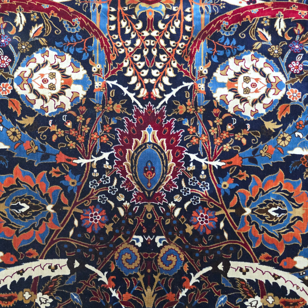 Red and navy sickle leaf rug detail