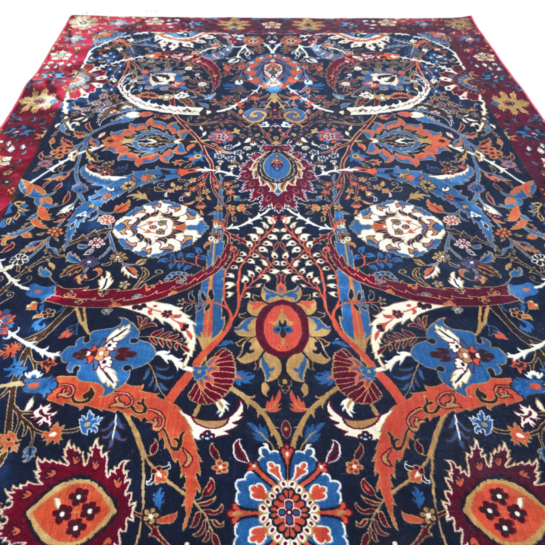 Red and navy sickle leaf rug detail