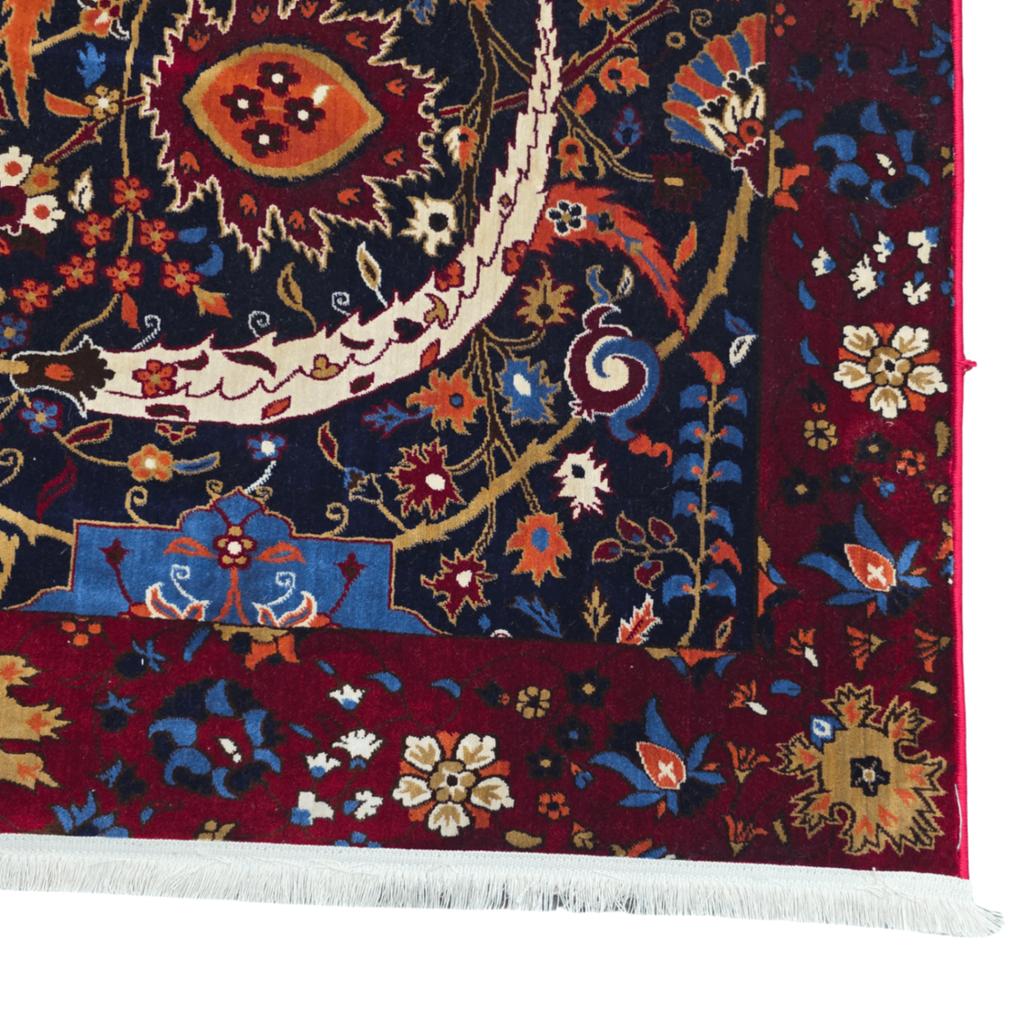 Red and navy sickle leaf rug detail