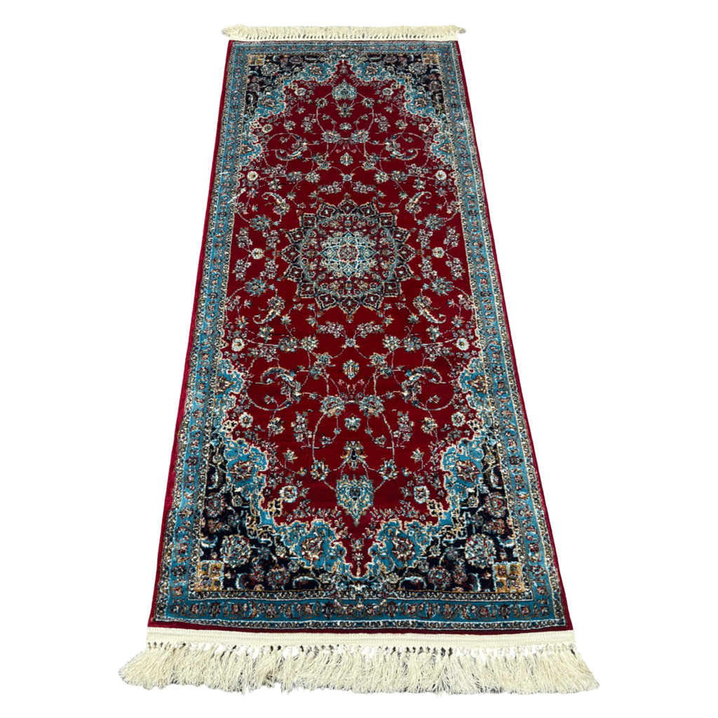 200 x 80 cm Persian Mashad Design Machine Made Runner Rug in Red & Light Blue