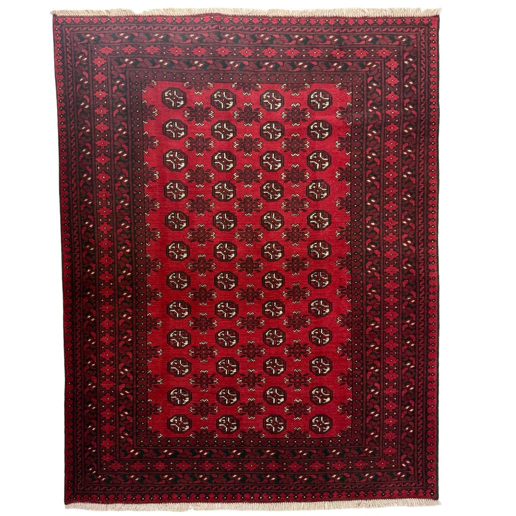 192 x 149 cm Hand-Knotted Red Bokhara Afghan Akche