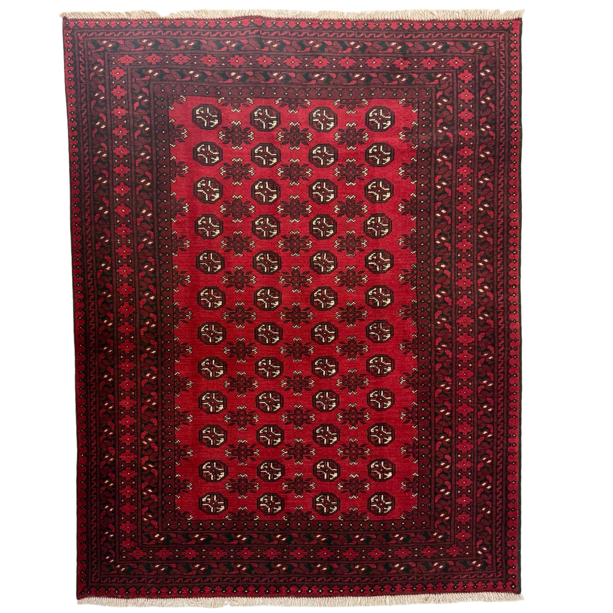 192 x 149 cm Hand-Knotted Red Bokhara Afghan Akche
