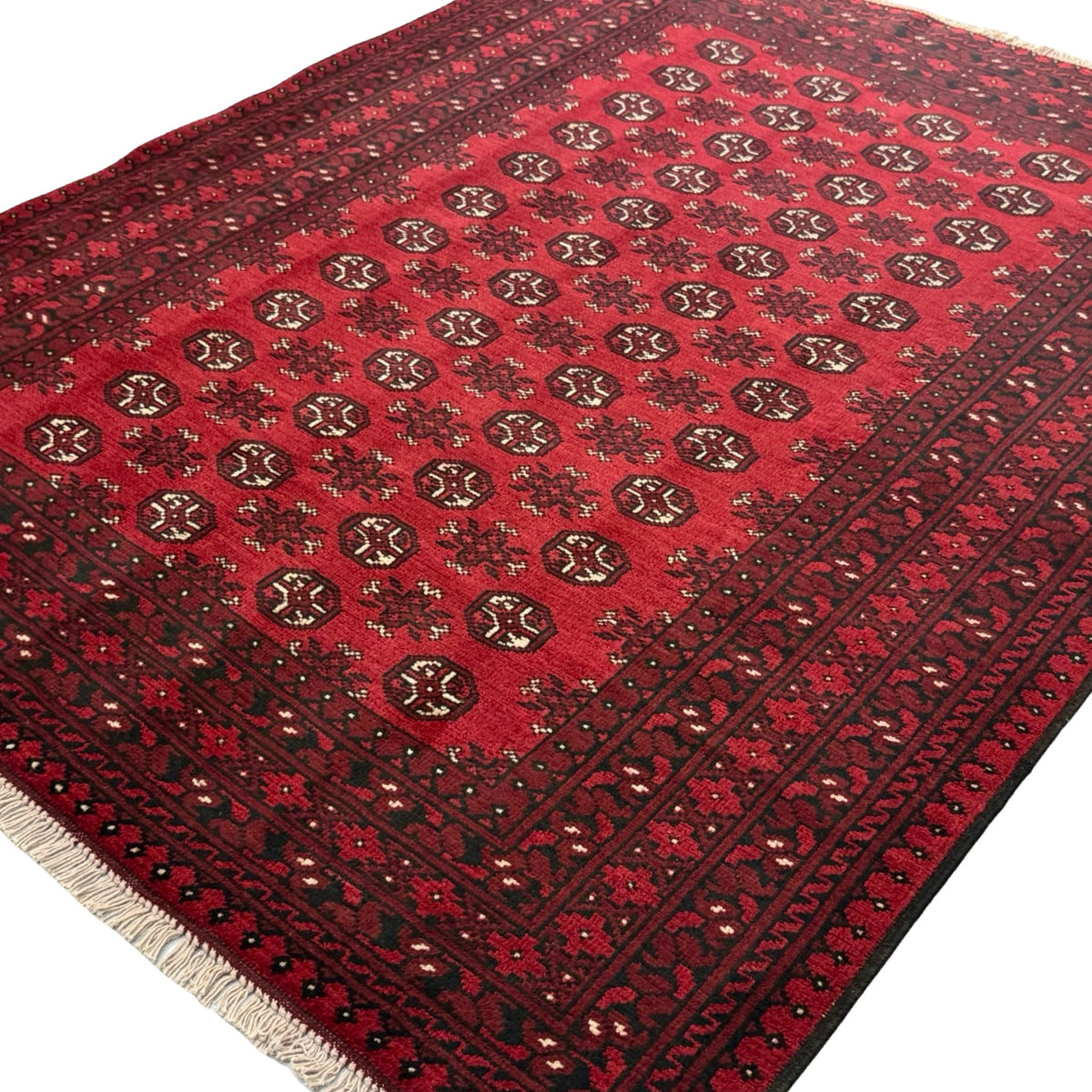 192 x 149 cm Hand-Knotted Red Bokhara Afghan Akche