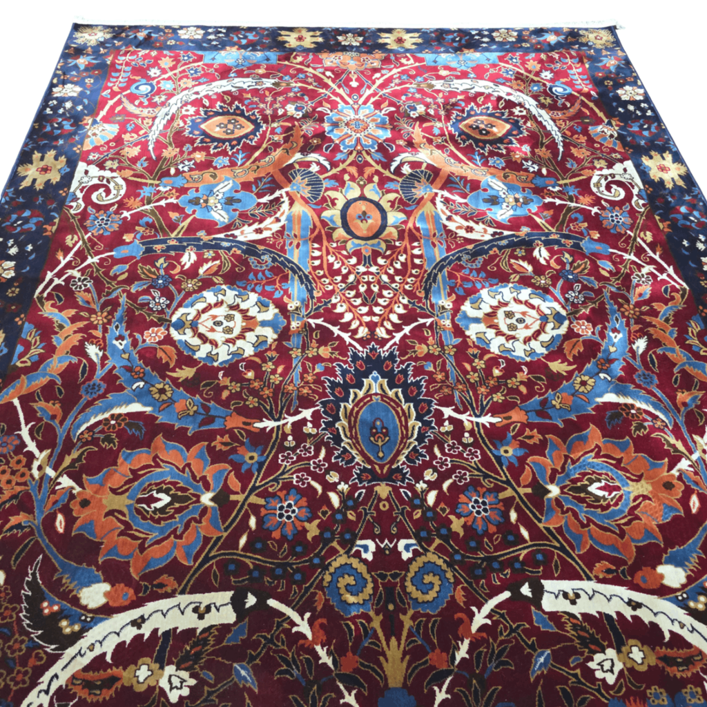 Navy and red sickle leaf rug detail