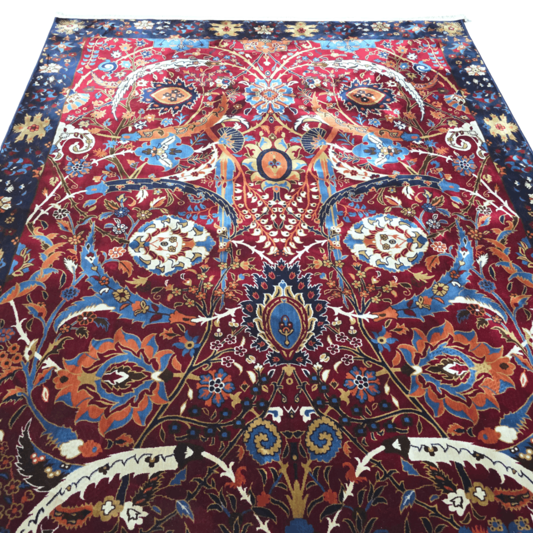 Navy and red sickle leaf rug detail