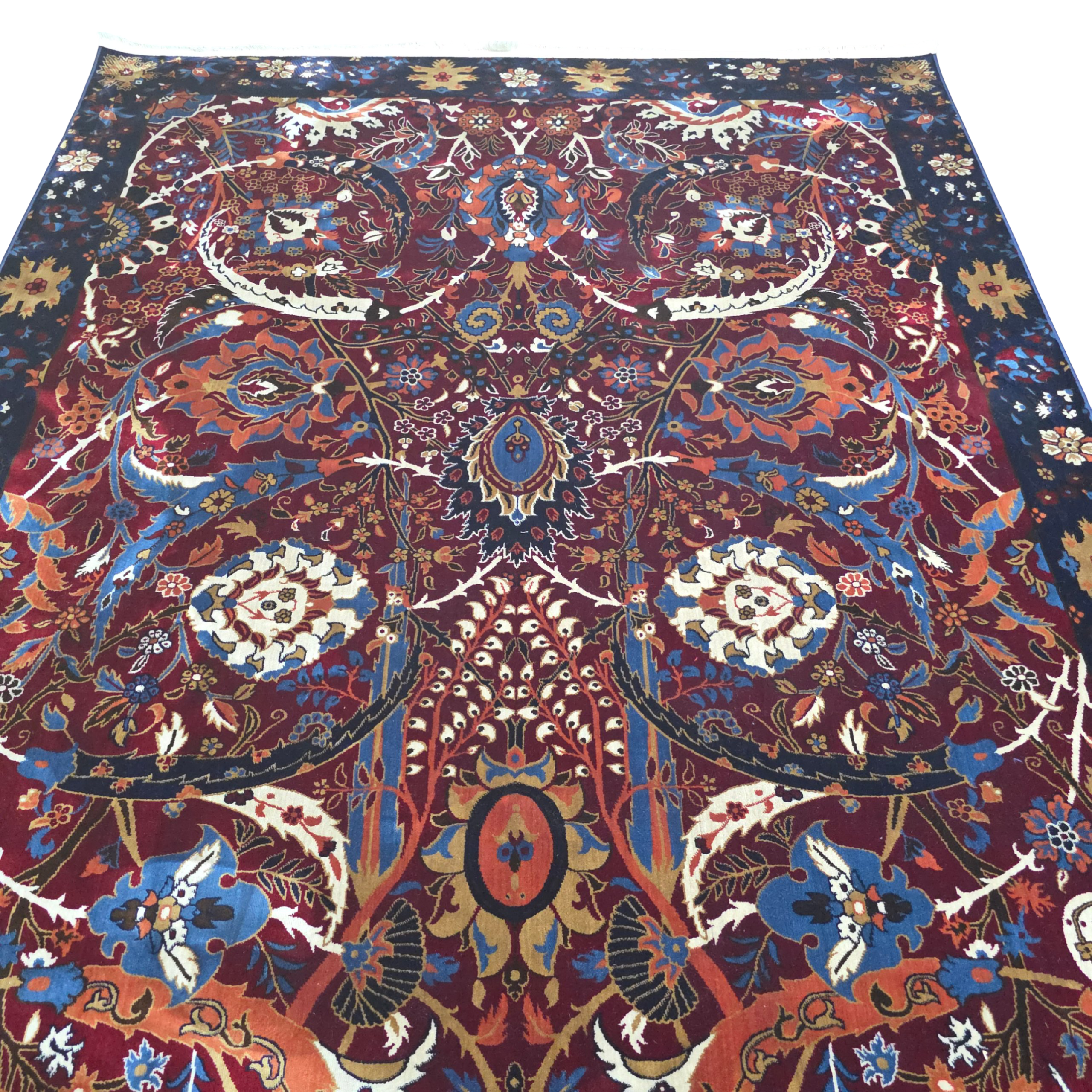 Navy and red sickle leaf rug detail