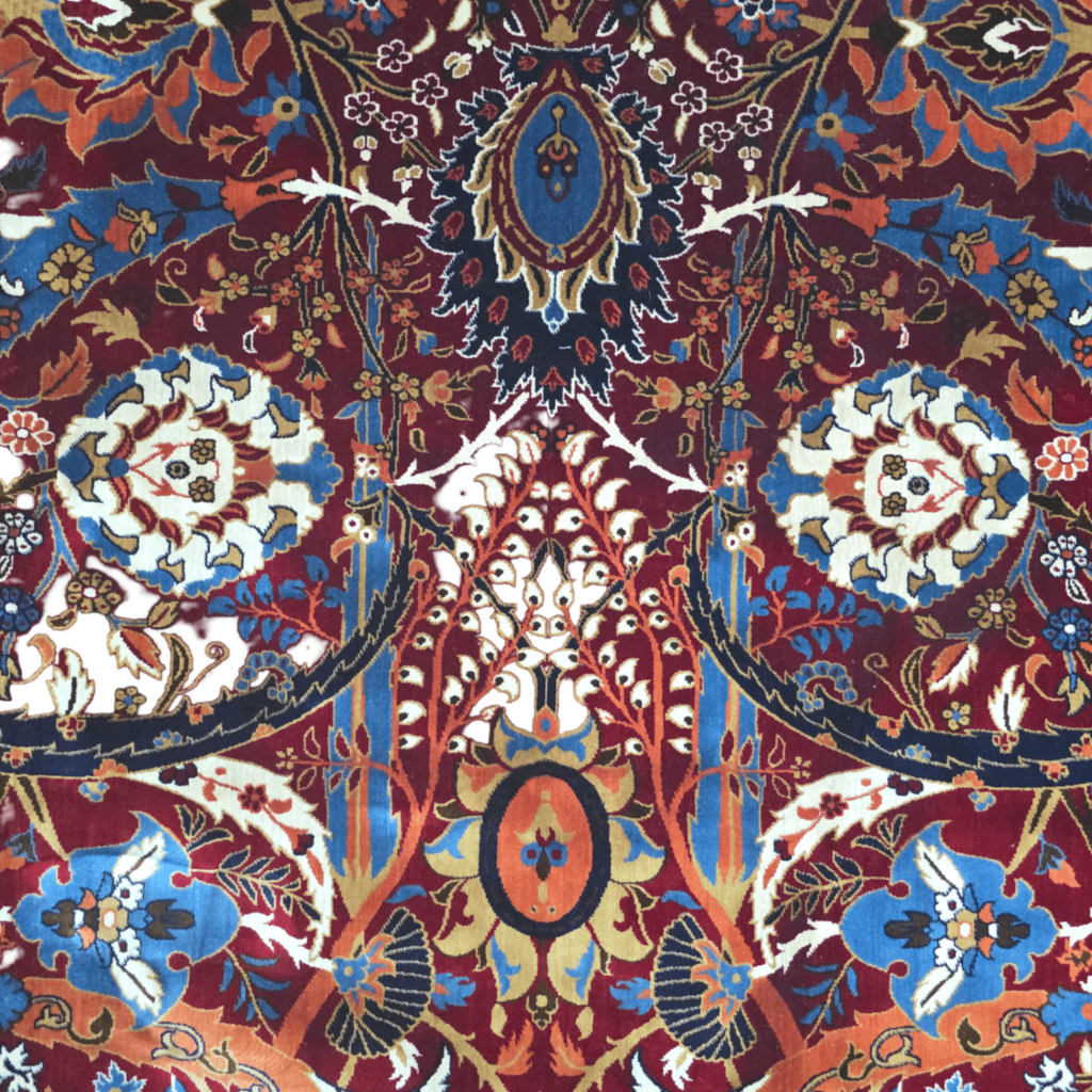 Navy and red sickle leaf rug detail
