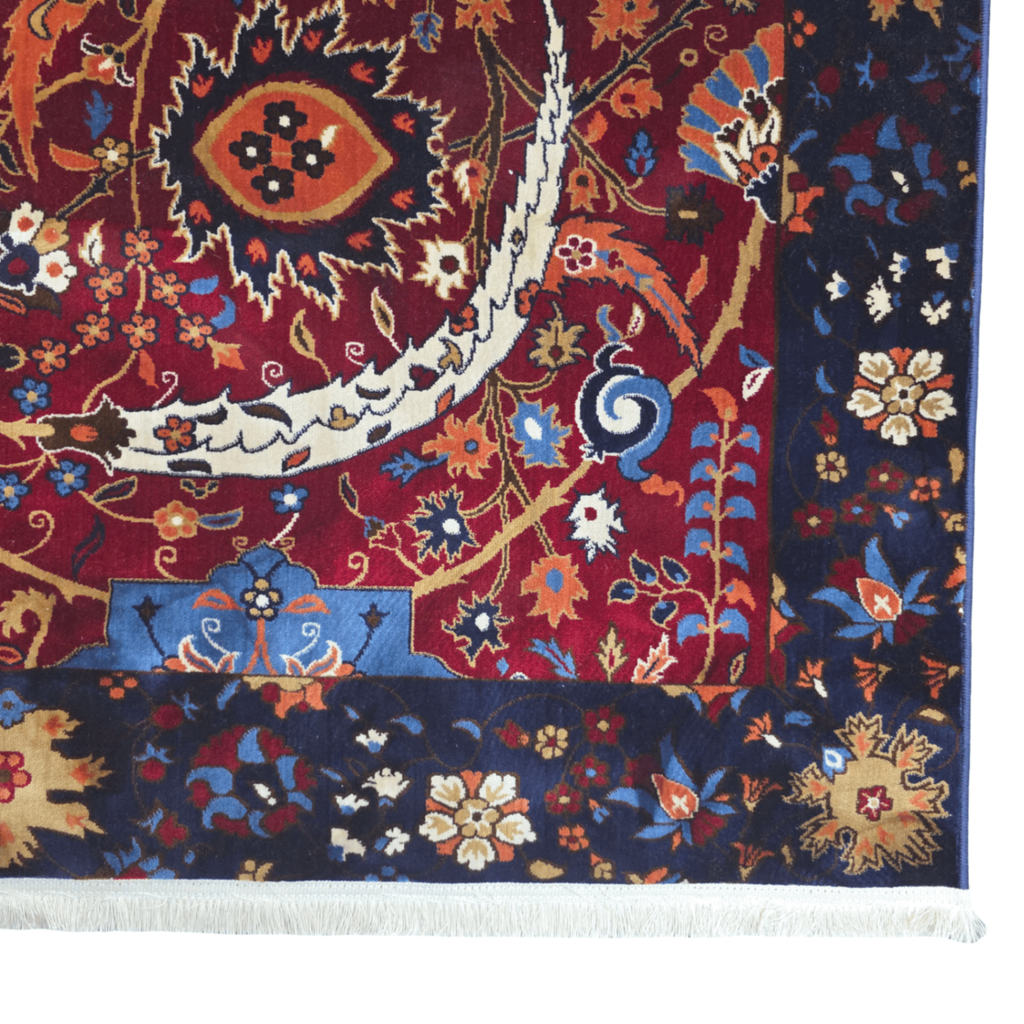 Navy and red sickle leaf rug detail