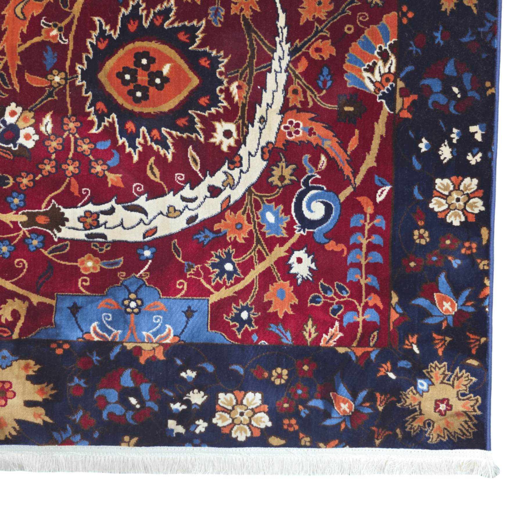 Navy and red sickle leaf rug detail