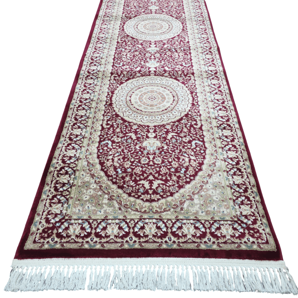 Deep red Persian design runner rug detail