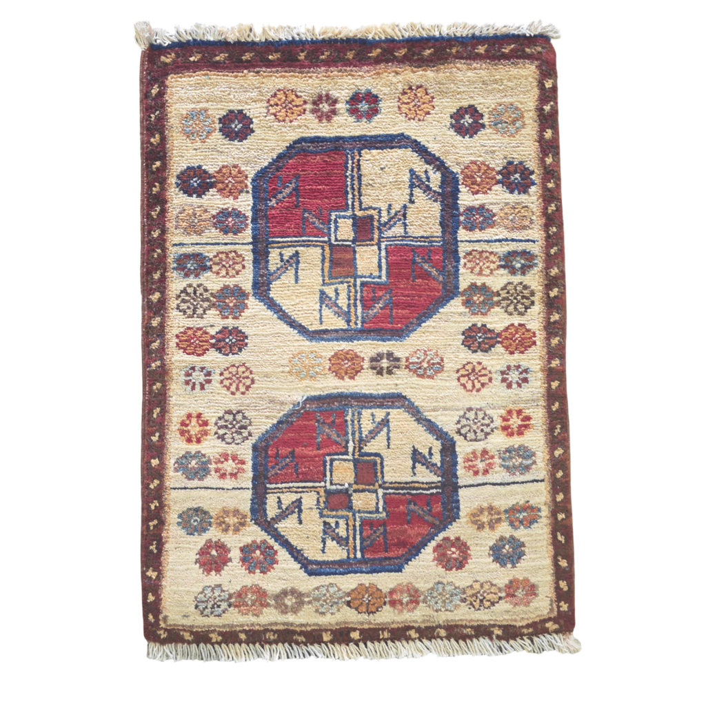 60 x 40 cm Afghan Chobi Hand-Knotted Wool Rug in Brown and Ivory