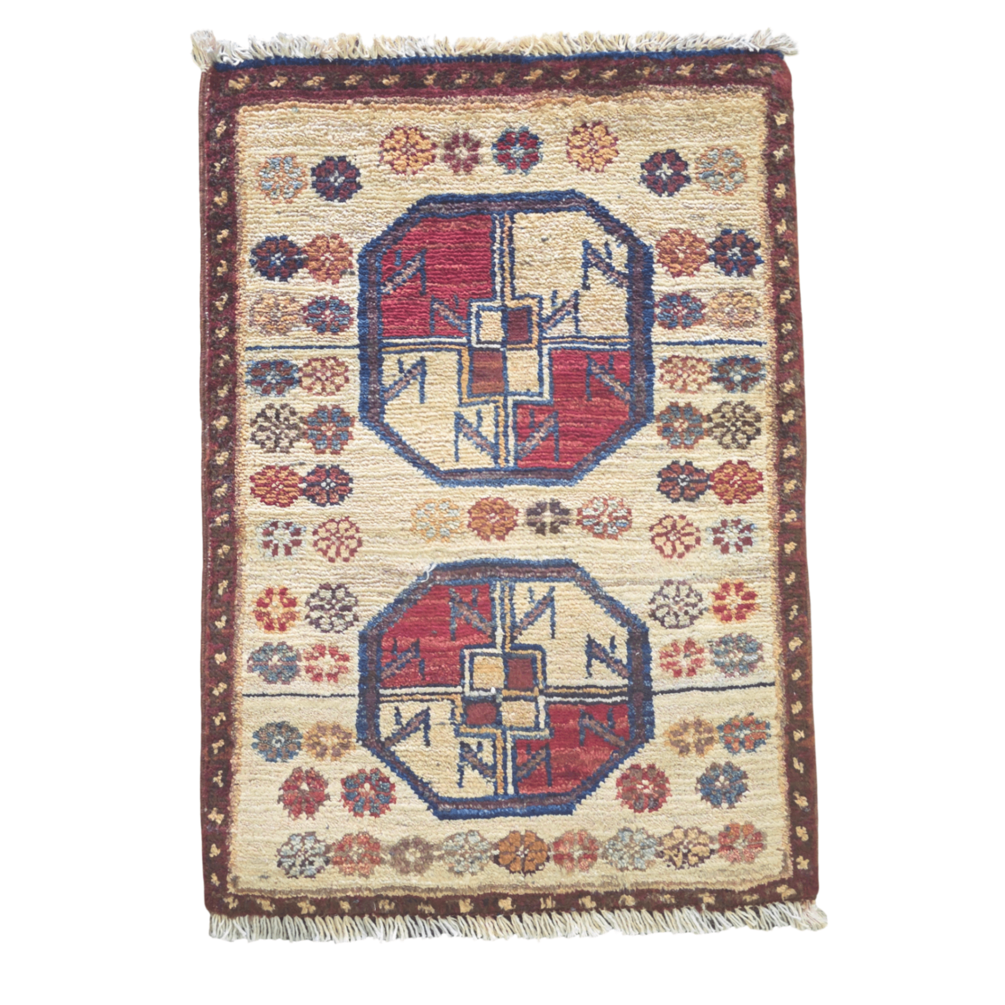60 x 40 cm Afghan Chobi Hand-Knotted Wool Rug in Brown and Ivory