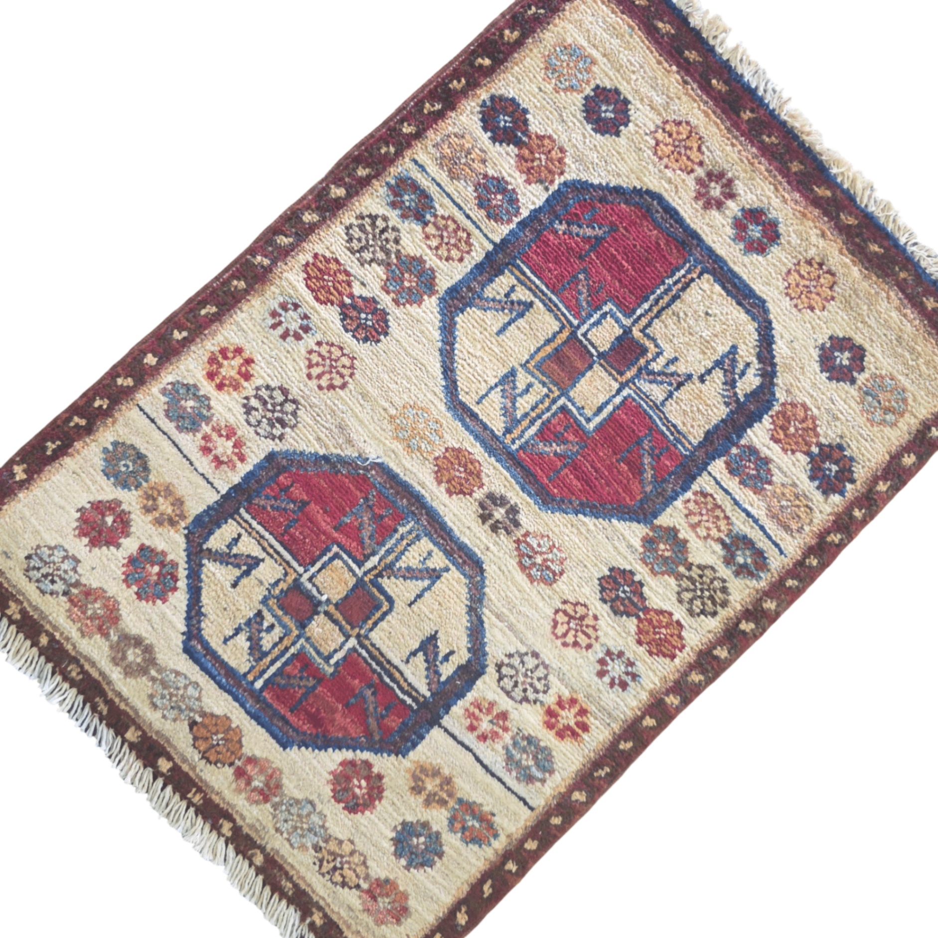 60 x 40 cm Afghan Chobi Hand-Knotted Wool Rug in Brown and Ivory