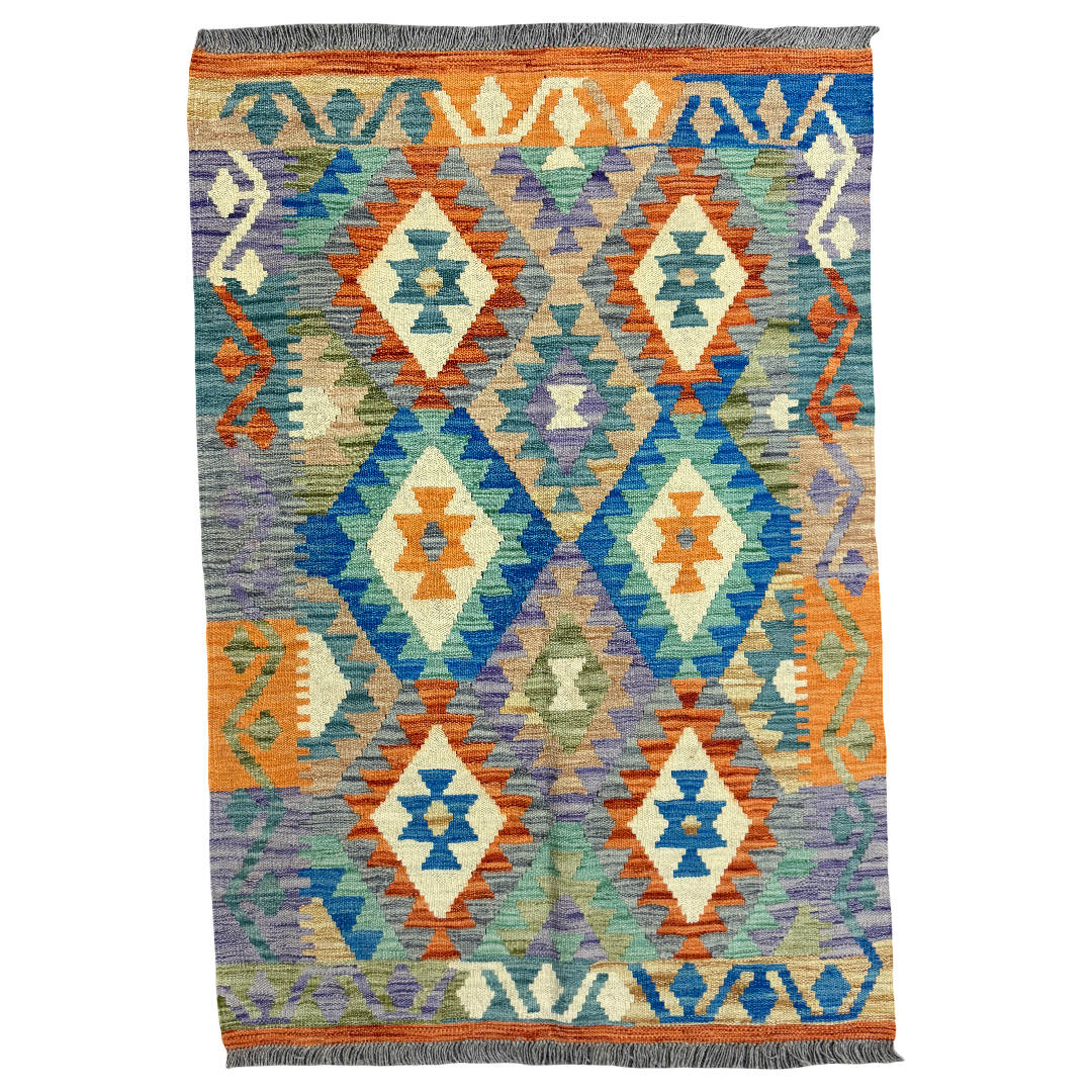 147 x 100 cm Hand-Woven Afghan Kilim Rug – Wool Flatweave