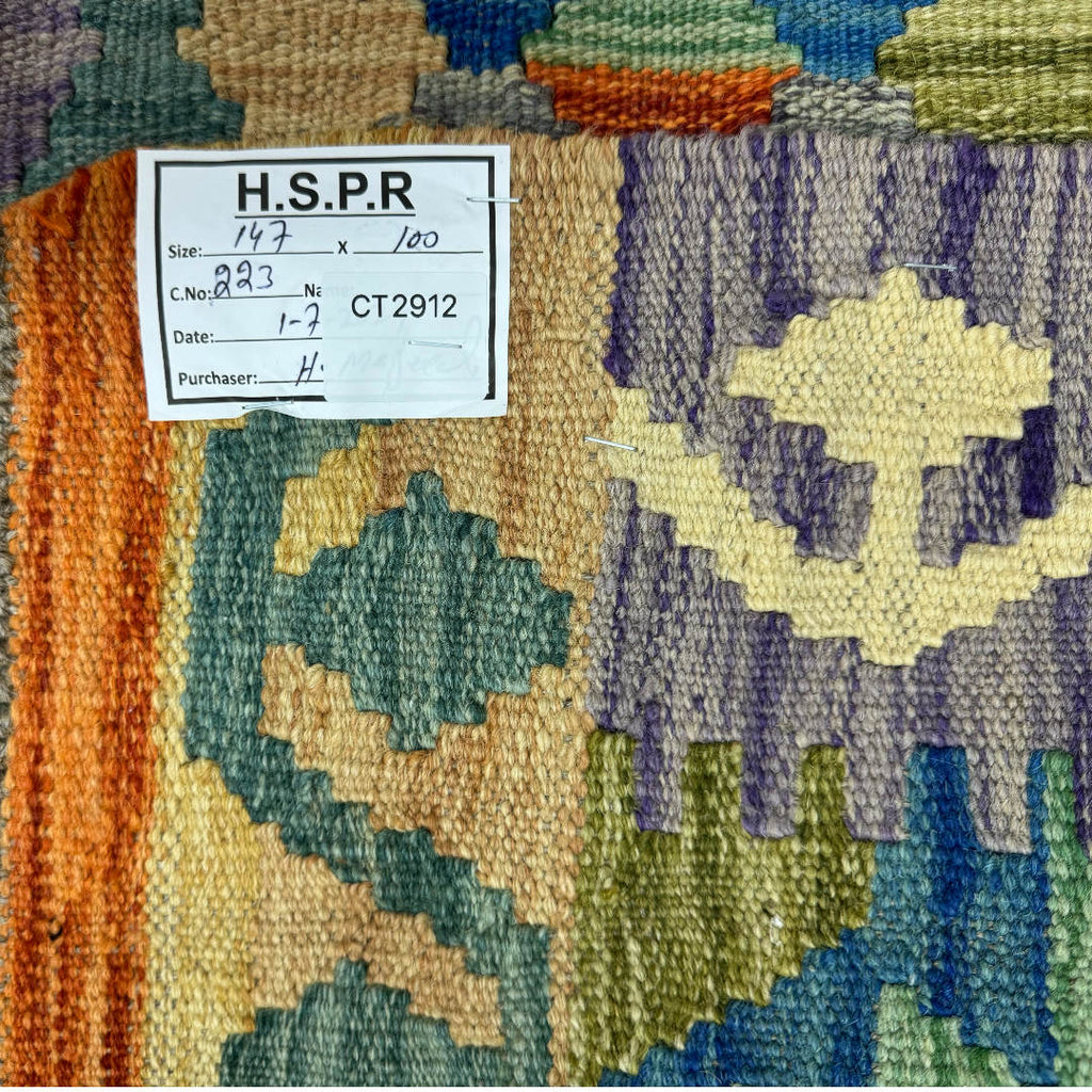 147 x 100 cm Hand-Woven Afghan Kilim Rug – Wool Flatweave