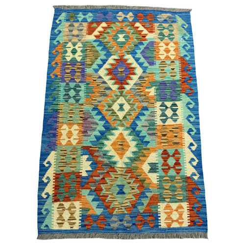 147 × 97 cm Hand-Woven Afghan Kilim Rug – Wool Flatweave
