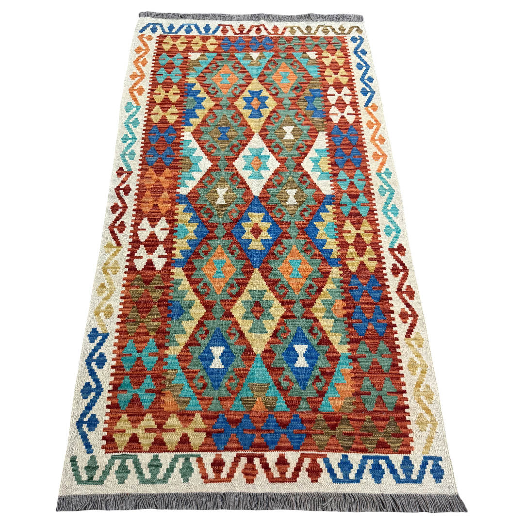 193 × 103 cm Hand-Woven Afghan Kilim Rug – Wool Flatweave