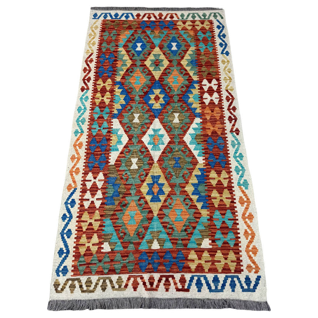 193 × 103 cm Hand-Woven Afghan Kilim Rug – Wool Flatweave