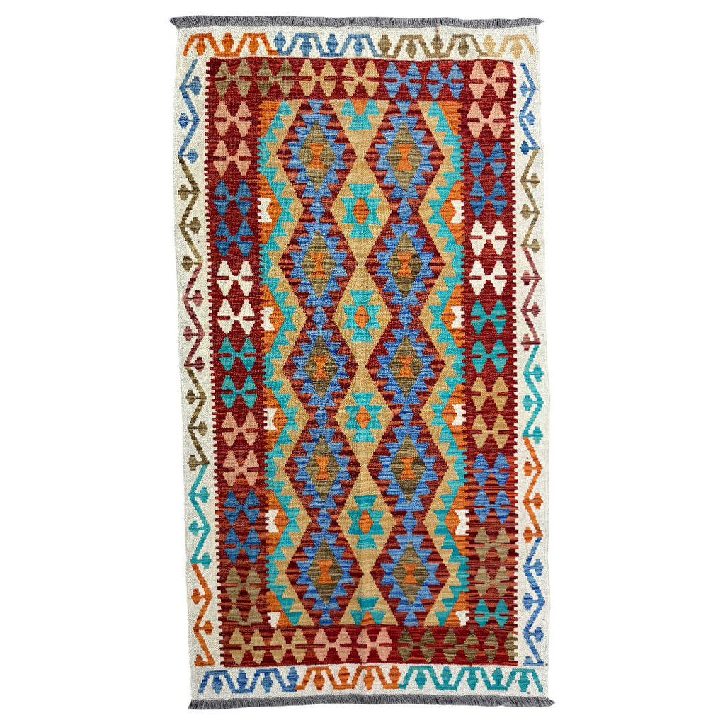 197 × 108 cm Hand-Woven Afghan Kilim Rug – Wool Flatweave
