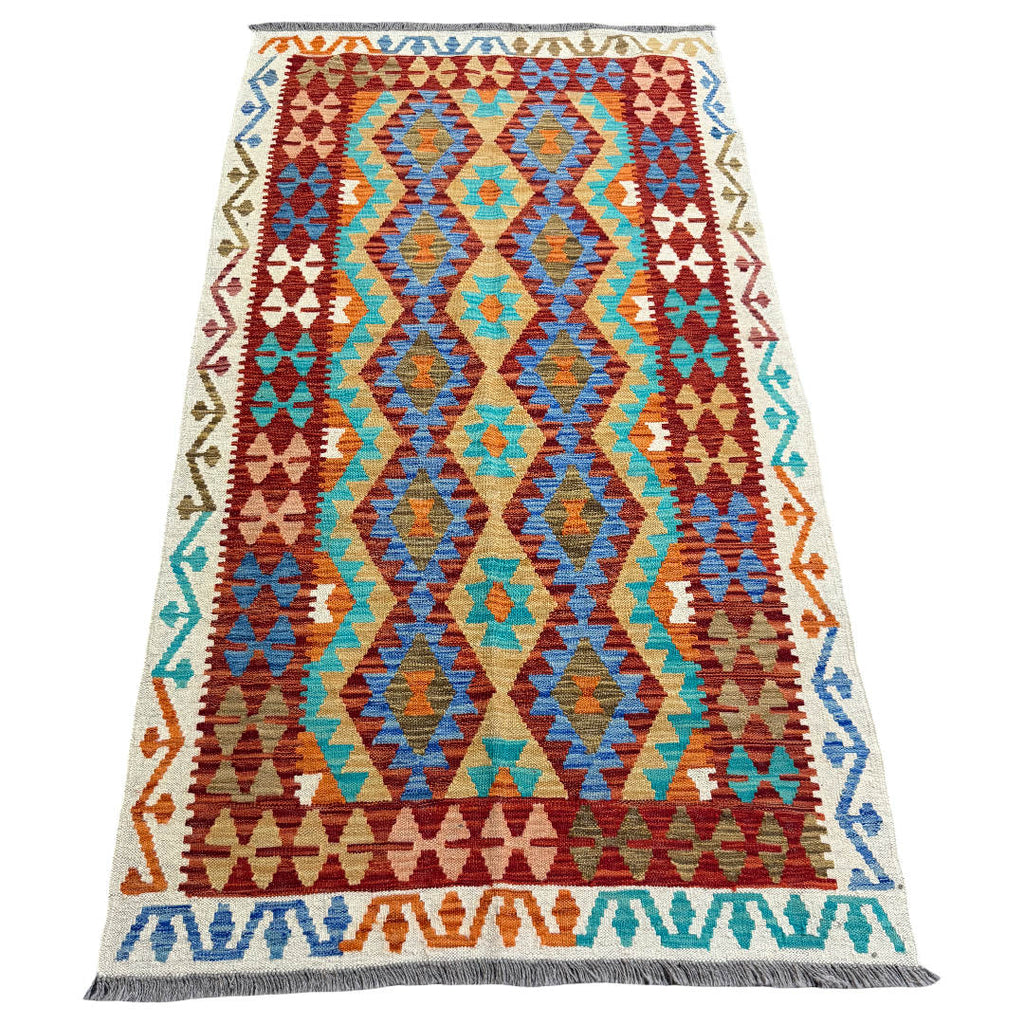 197 × 108 cm Hand-Woven Afghan Kilim Rug – Wool Flatweave