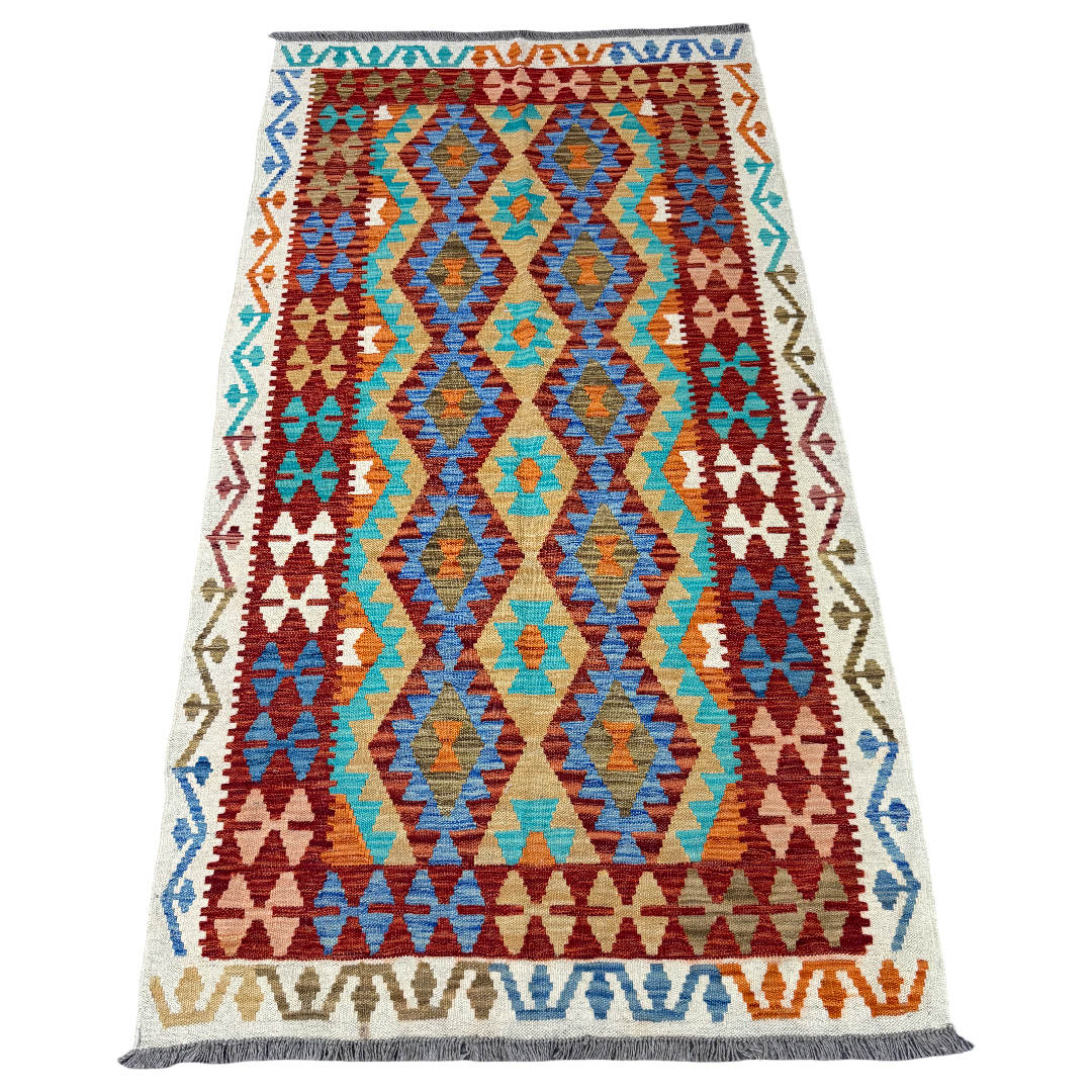 197 × 108 cm Hand-Woven Afghan Kilim Rug – Wool Flatweave