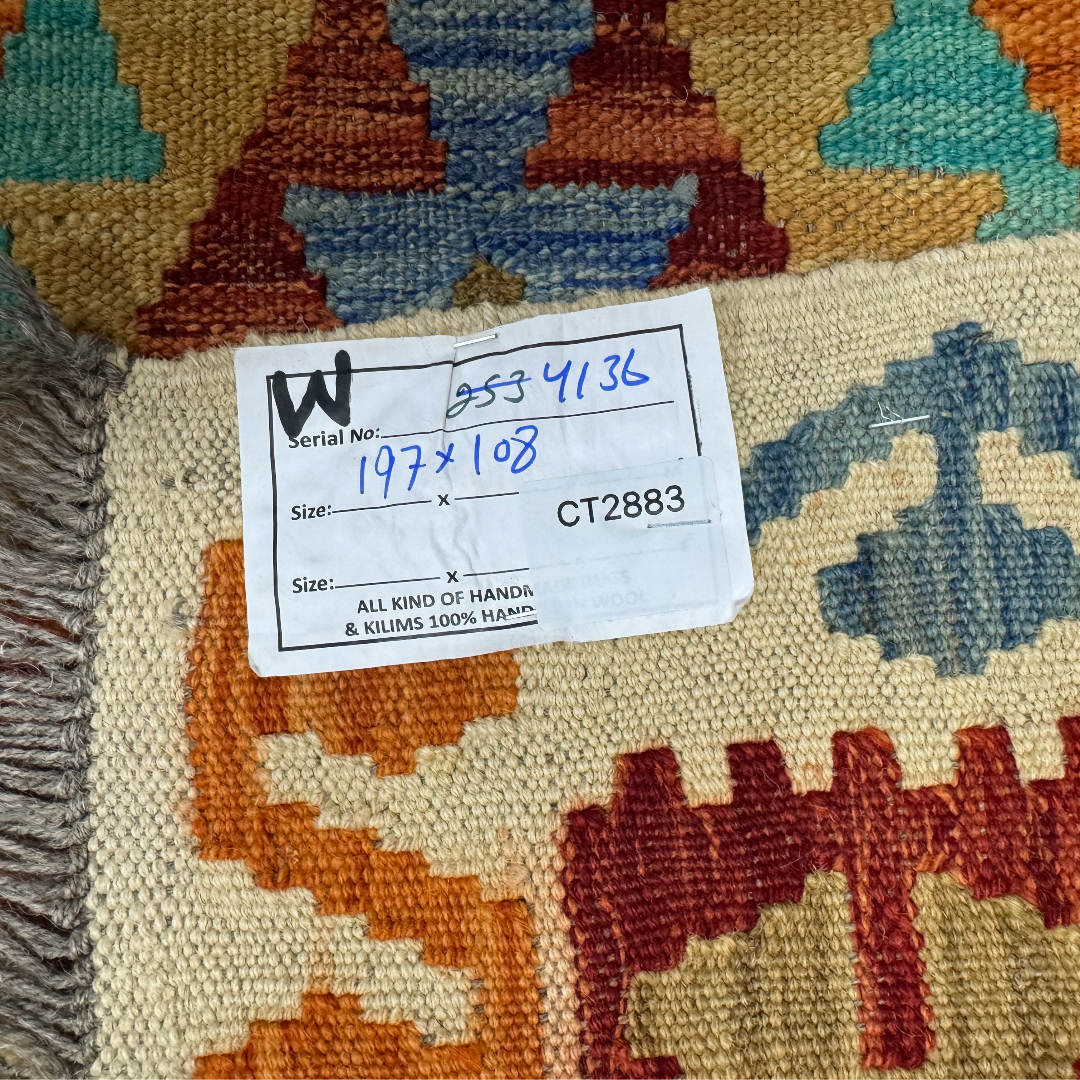 197 × 108 cm Hand-Woven Afghan Kilim Rug – Wool Flatweave