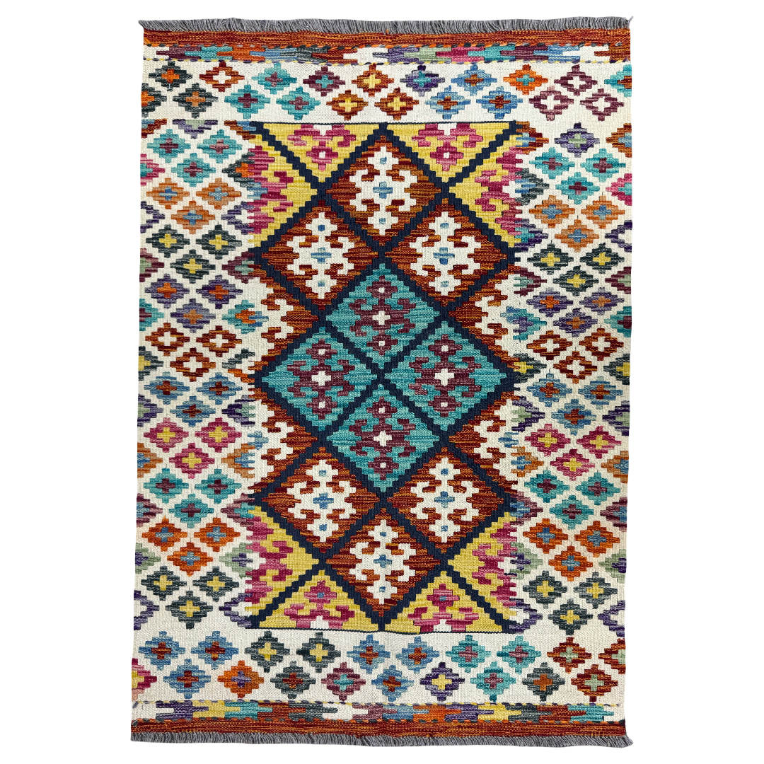 143 × 103 cm Hand-Woven Afghan Kilim Rug – Wool Flatweave