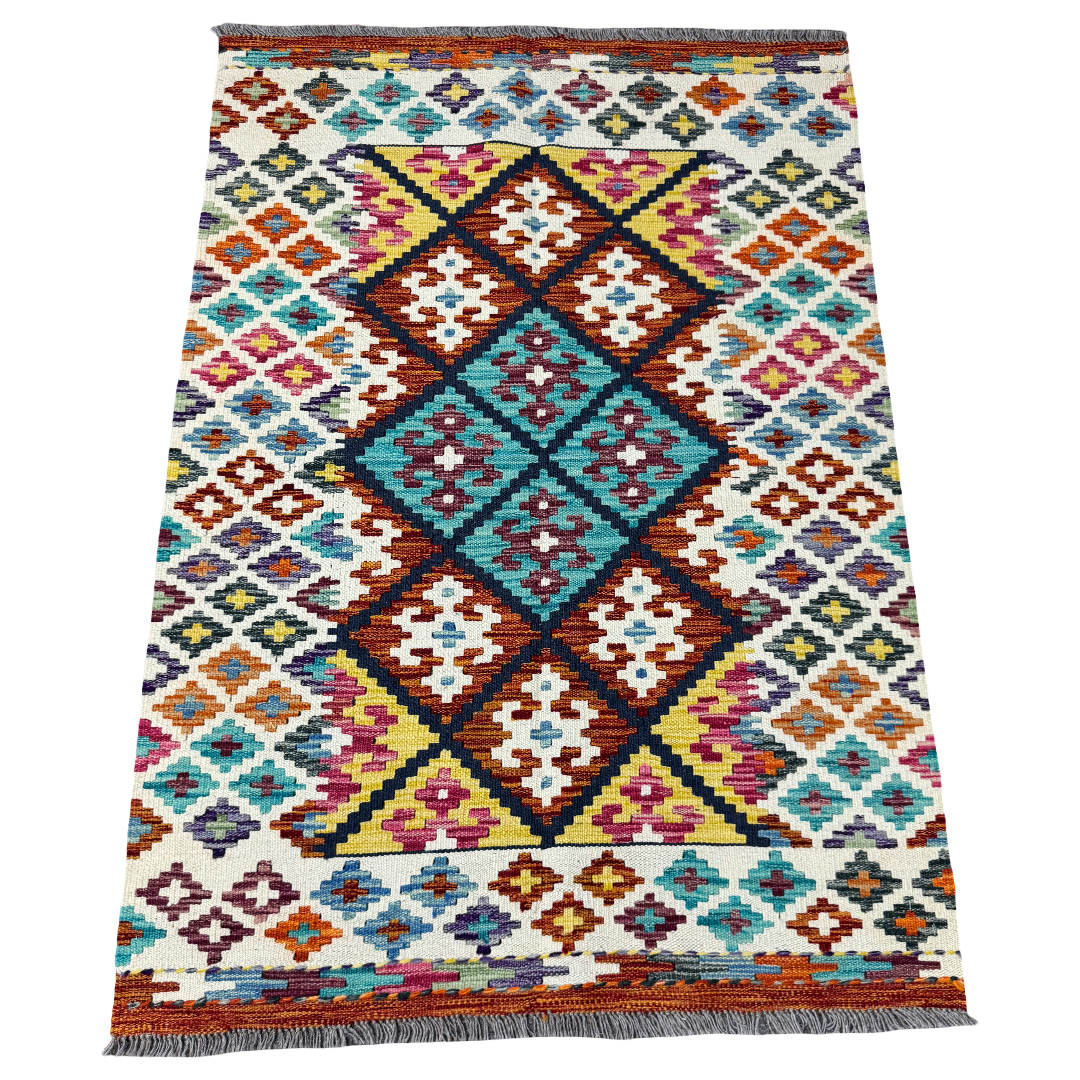 143 × 103 cm Hand-Woven Afghan Kilim Rug – Wool Flatweave
