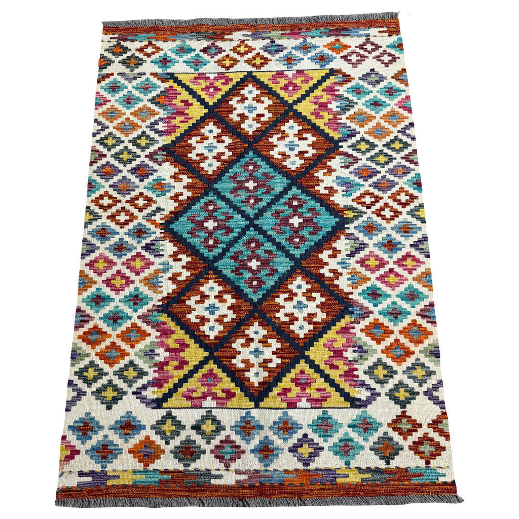 143 × 103 cm Hand-Woven Afghan Kilim Rug – Wool Flatweave