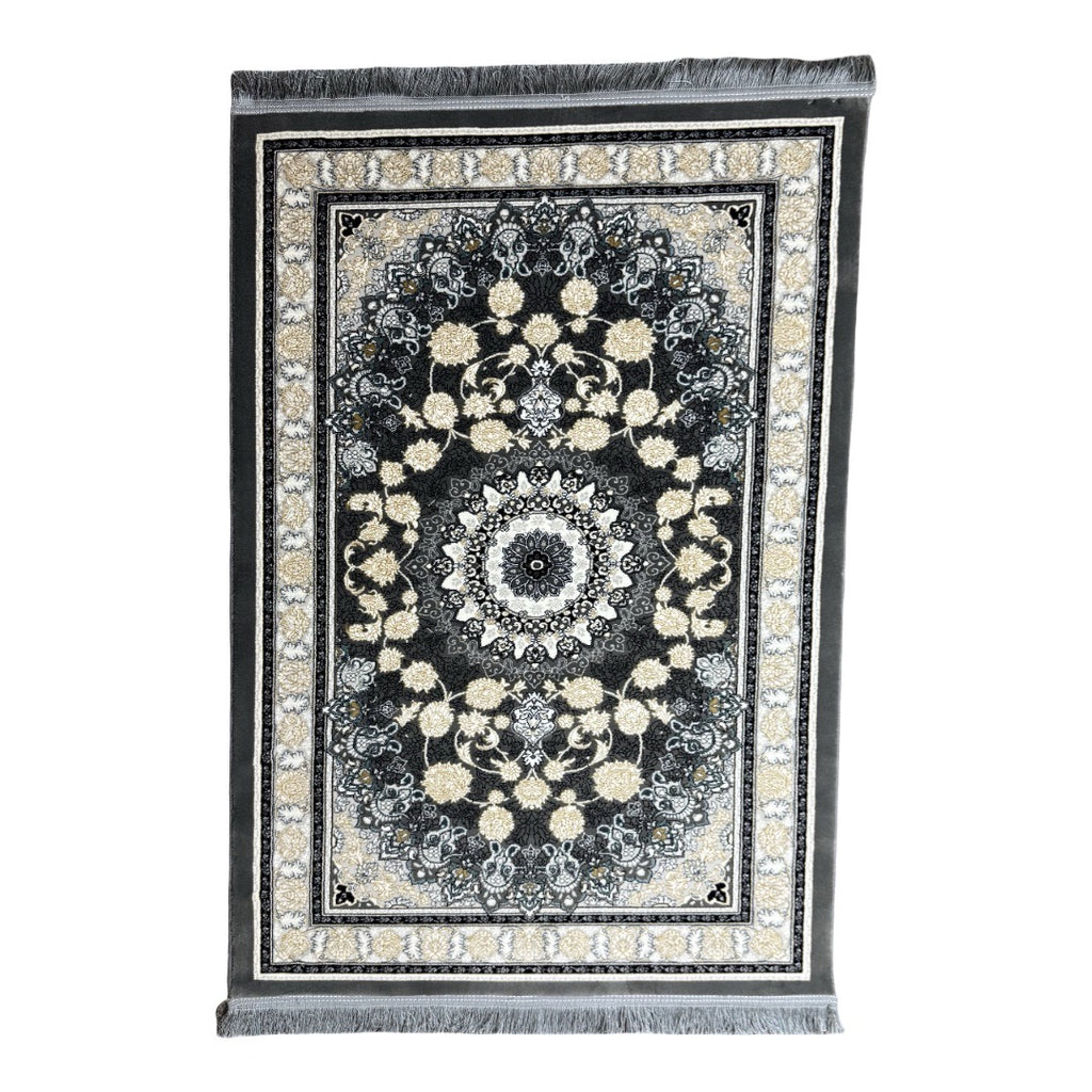 150 x 100 cm Grey Medallion Framed by Ivory Blossoms Persian Rug