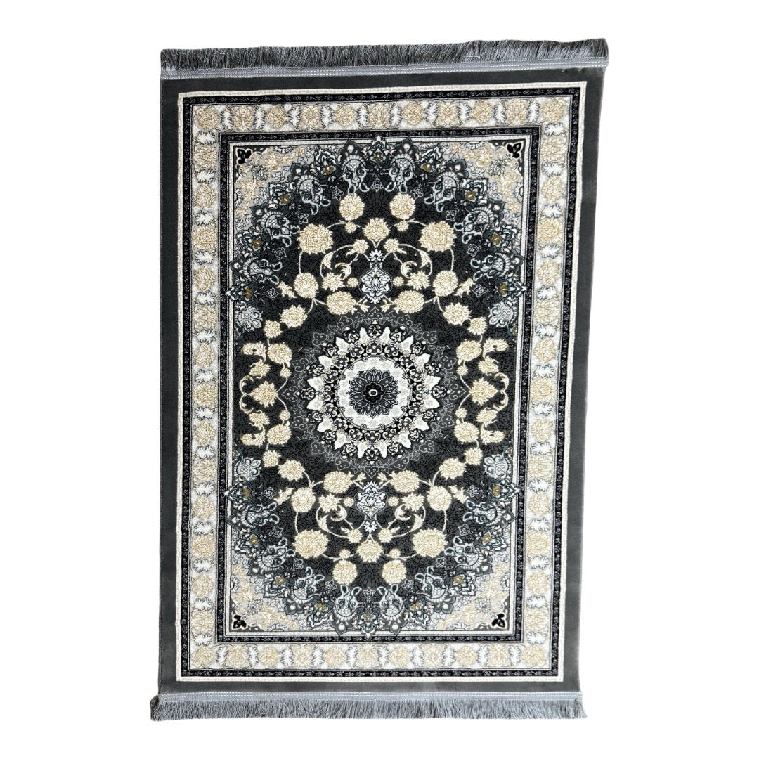 150 x 100 cm Grey Medallion Framed by Ivory Blossoms Persian Rug