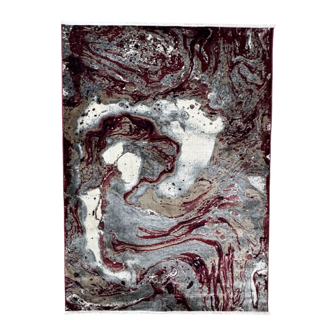 230 x 160 cm Abstract Marble Area Rug in Burgundy, Grey & Ivory