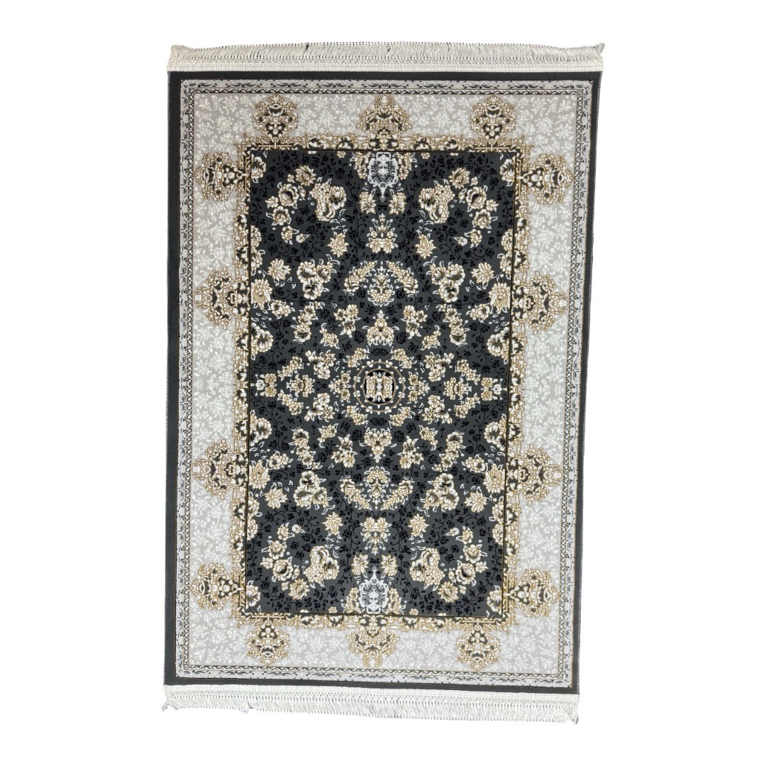 150 x 100 cm Persian Floral Garden Rug in Ivory & Charcoal